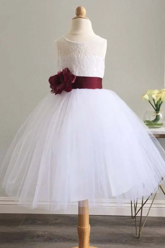 Women's Sporty Clothes Big Savings on Minimalist Office Styles White Long Tulle Flower Girl Dresses with Burgundy Sash Puffy Sleeveless Dresses with Bowknot F053