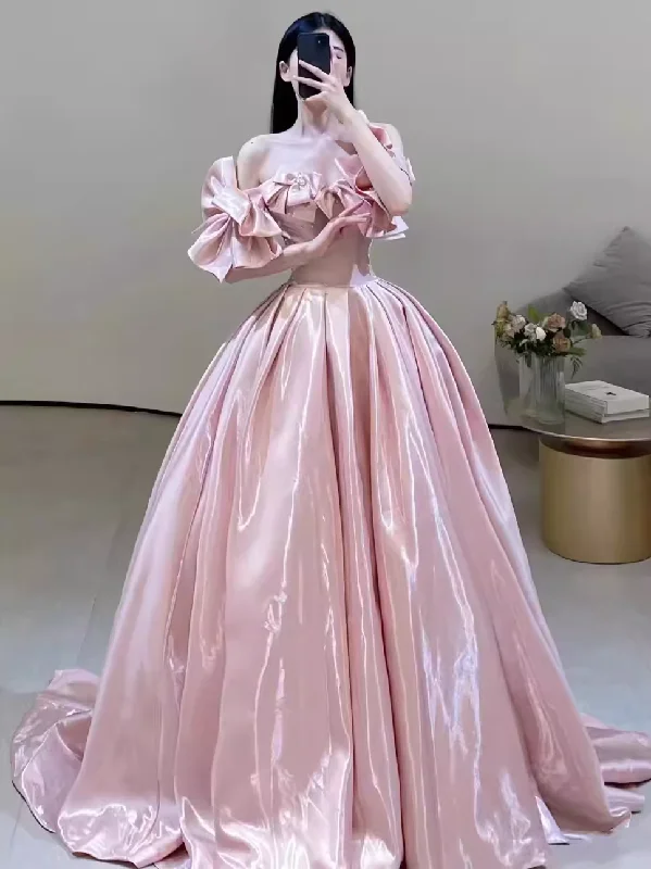 Affordable Women's Clothing Art Deco Geometric Pattern Look Simple Ball Gown Off The Shoulder Pink Long Prom Dresses C97