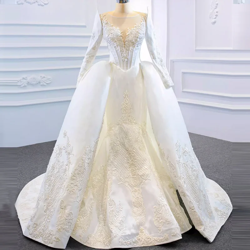 Women's Holiday Clothing Limited Quantities Overskirt Lace Appliqued Satin Wedding Dress with Long Sleeves