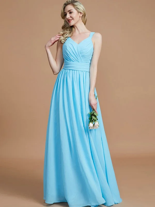 Women's Loungewear Clothes Charming Silhouette A-Line/Princess V-neck Chiffon Floor-Length Sleeveless Bridesmaid Dresses