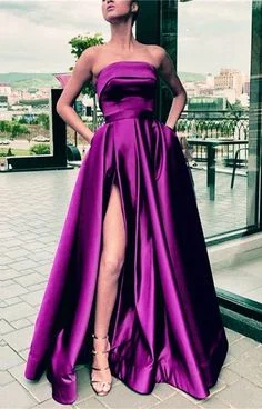 Women's Elegant Apparel Ethnic Cultural Event Wear Long Purple Satin Strapless Prom Dresses  cg6127