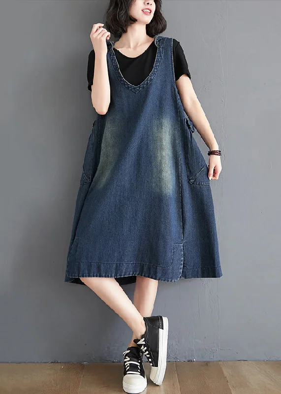 Women's Evening Clothing Limited - Stock Modern Blue HoodedPockets Patchwork Denim Waistcoat Long Dress Sleeveless