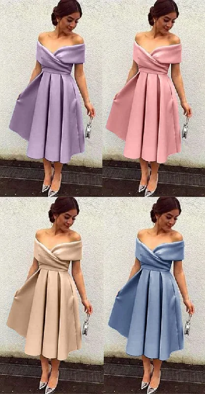 Timeless Women's Garments Early Access to Art Deco Styles Sale Off the Shoulder Satin Midi Cocktail Dress Tea Length Formal prom Dress   cg6536