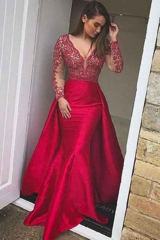 Fashion-Forward Women's Clothing Flash Deals Elegant Mermaid Long Red Long Sleeve Beading V Neck Lace Satin Backless Prom Dresses  cg7456