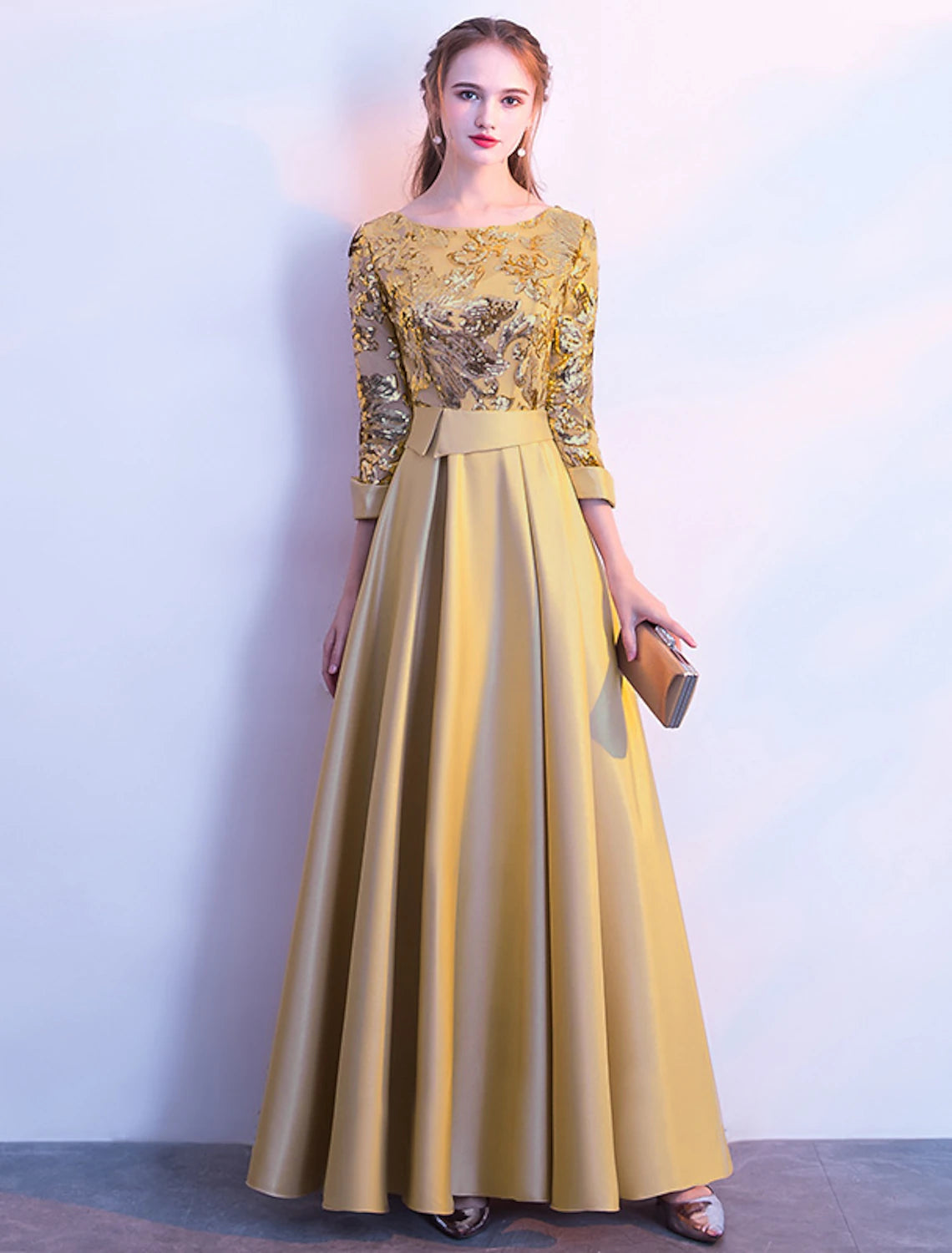 Women's Clothing With Trendy Designs Playful Elegance A-Line Bridesmaid Dress Jewel Neck Long Sleeve Beautiful Back Floor Length Satin / Tulle / Sequined with Sash / Ribbon / Pleats