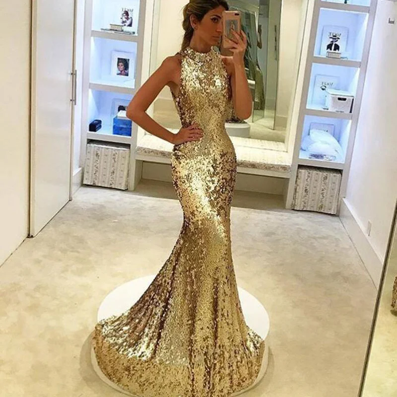 Casual Outfit For Women Romantic Detailing Gold Sequins Prom Dress Sexy high Neck Mermaid Long Party Evening Gowns