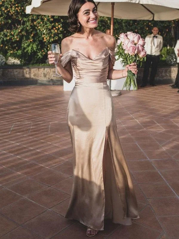 Women's Relaxed Outfit Holiday Sale Sheath/Column Silk like Satin Ruched Off-the-Shoulder Sleeveless Floor-Length Bridesmaid Dresses