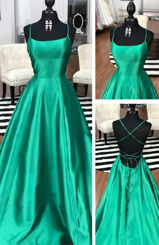 Women's Chic Outfit Holiday Sale Simple A-Line Scoop Neck Cross Back Green Satin Long Prom Dresses,Evening Party Dresses  cg3392