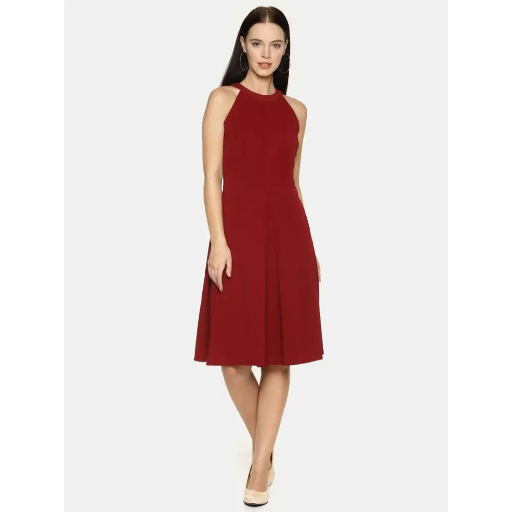 Women's Fashionable Attire For Work Classic Charm Stylish Polyester Maroon Solid Halter Neck Casual Sleeveless Dress