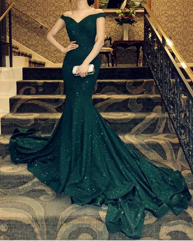 Women's High-Fashion Apparel Playful Elegance Glitter Sexy Fitted Long Evening Dresses Dark Green Off the Shoulder Formal Party Gown PL5448