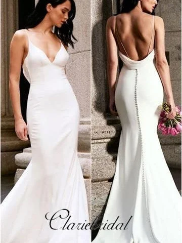 Vintage-Inspired Garments Big Savings on Minimalist Office Styles Simple V-neck Ivory Jersey Long Wedding Dresses, Mermaid Wedding Dresses