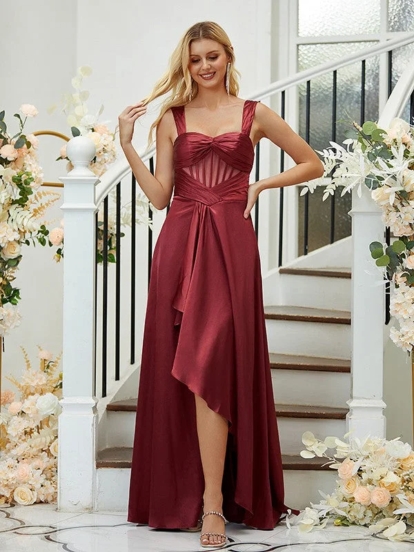 Women's Casual Wear Clothing Limited - Stock A-Line/Princess Elastic Woven Satin Ruched Straps Sleeveless Asymmetrical Bridesmaid Dresses