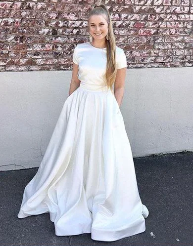 Women's Active Clothing Holiday Sale Simple white satin prom dress evening gown, short sleeve prom dress cg4732