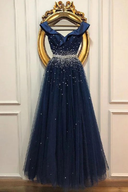 Women's Office Attire Cottagecore Rustic Charm Style DARK BLUE SATIN SEQUIN LONG PROM DRESS DARK BLUE EVENING DRESS   cg14053