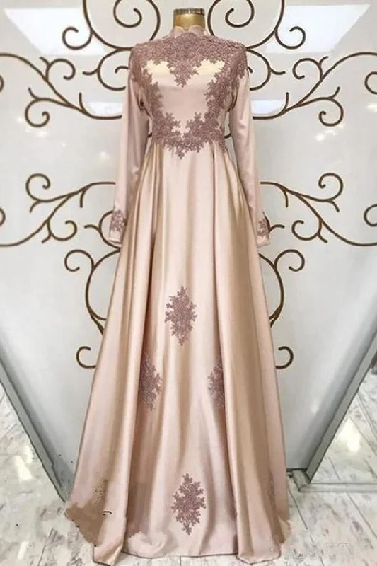 Women's Luxury Apparel Dreamy Draping Champagne Satin High Neck Arabic Long Formal Prom Dress With Long Sleeve     cg20114