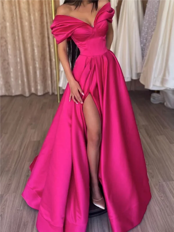 Affordable Women's Garments Mid - Season Sale Women Off-The-Shoulder Prom Dresses Long Side Split Evening Gowns Simple Formal Party Dress YPD703