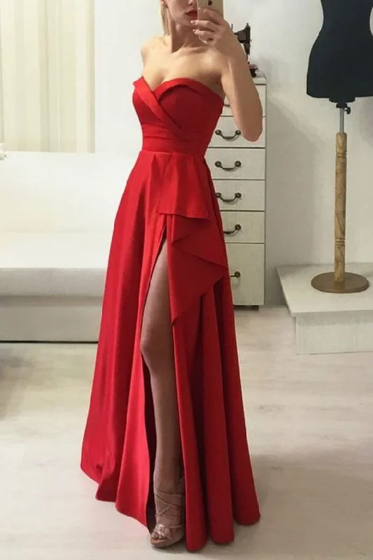 Women's Tops And Clothing Chic Allure Floor-Length Red Satin Prom Gown Dress with Ruffled Slit Side cg4453