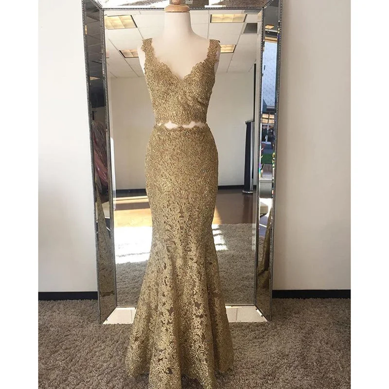 Women's Fashion Clothes Lightweight Fabric Gold Two/2 Pieces Prom Dress Crop Top Lace Long Prom Dresses Girl Long Formal Gown