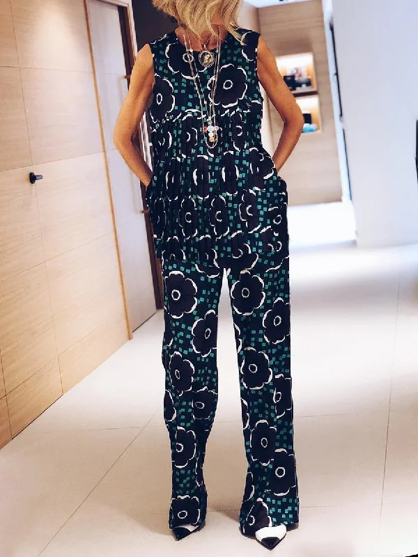 Women's Stylish Professional Garments Early Access to Art Deco Styles Sale Fashion Casual Printed Round Neck Sleeveless Two-piece Suit