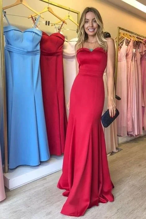 Women's Contemporary Clothing Feminine Flow Strapless Straight Red Satin Evening Gown Backless , Long Prom Dress  cg4185