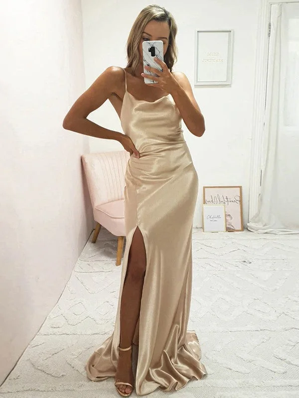 Women's Holiday Clothing Nordic Minimalist Home Look Sheath/Column Elastic Woven Satin Ruched Spaghetti Straps Sleeveless Sweep/Brush Train Bridesmaid Dresses