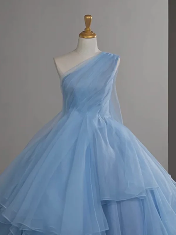 Women's Plus-Size Attire Coastal Beach - Inspired Style Pretty Ball Gown One Shoulder Tulle Blue Long Prom Dress, Blue Long Evening Dress C3697