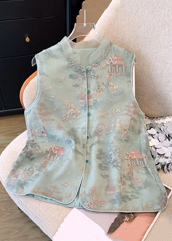 Charming Women's Clothes For Special Events Flash Sale New Green Embroidered Button Tulle Waistcoat Sleeveless