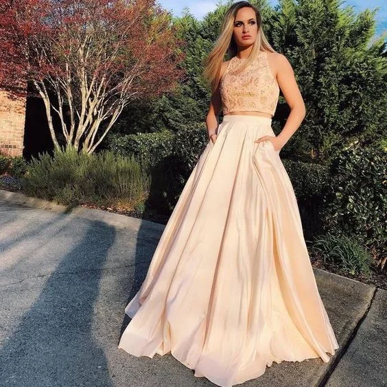 Stylish Outerwear Clothing For Women Y2K Nostalgic Fashion Look Champagne Prom Dress,Satin Prom Gown, Two-Pieces Prom Dress, Beading Prom Gown  cg8417