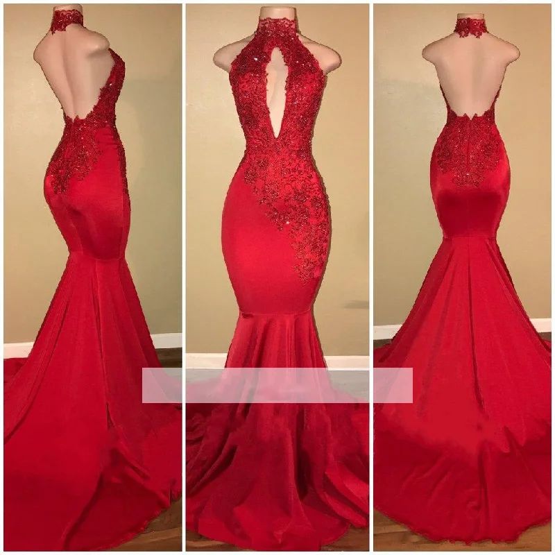 Women's Sports Apparel Early Access to Art Deco Styles Sale Red Mermaid Halter African Women Evening Gown Sexy Backless Prom Dress Lace abiti lunghi da sera 2018