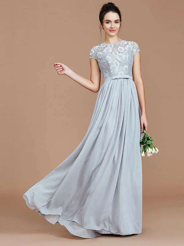 Women's Clothing For Casual Outings Bold Patterns A-Line/Princess Jewel Short Sleeves Lace Floor-Length Chiffon Bridesmaid Dresses