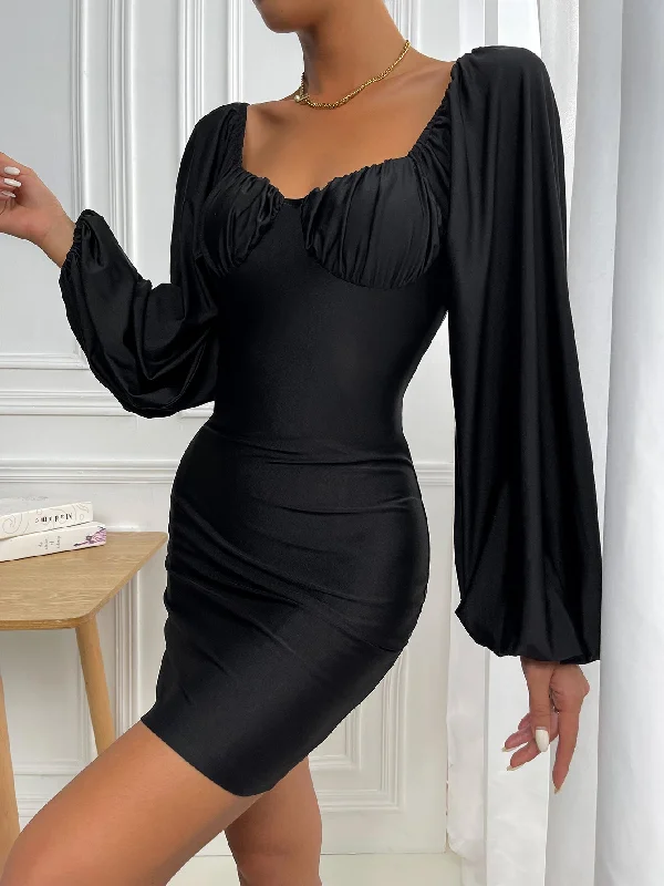 Women's Plus-Size Casual Outfit Discounts on Casual Weekend Styles KittenAlarm - Ruched Bust Lantern Sleeve Bodycon Dress