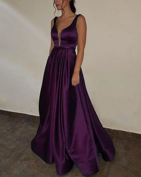 Fashionable Women's Clothes Sophisticated Cut Purple Prom dress with Deep V Neck A Line Satin Formal Gown Long cg5357