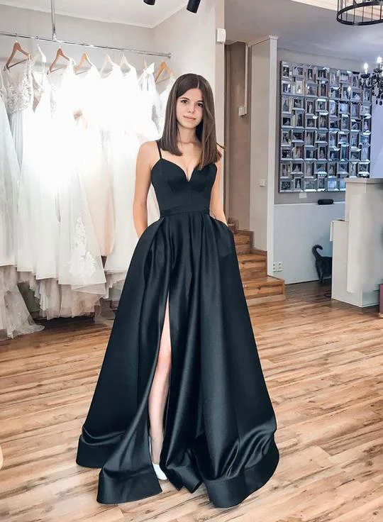 Women's Clothing For Casual Outings Romantic Detailing Simple black satin long prom dress, black evening dress cg4557