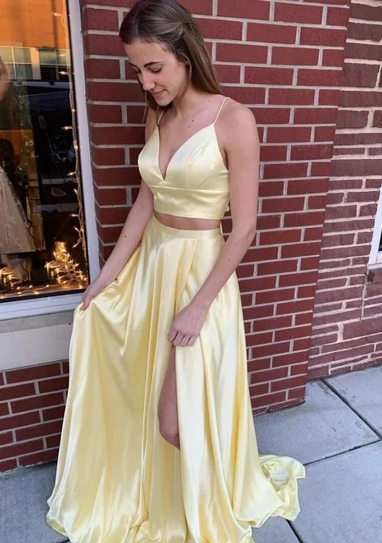 Sustainable Fashion Clothing For Women Rustic Countryside Charm Look Yellow satin long prom dress two pieces evening dress   cg14827