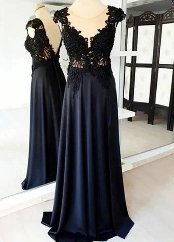 Women's Outfit Mid - Week Surprise See Through A-Line Black Satin Cap Sleeves Round Neck Prom Dresses  cg7356