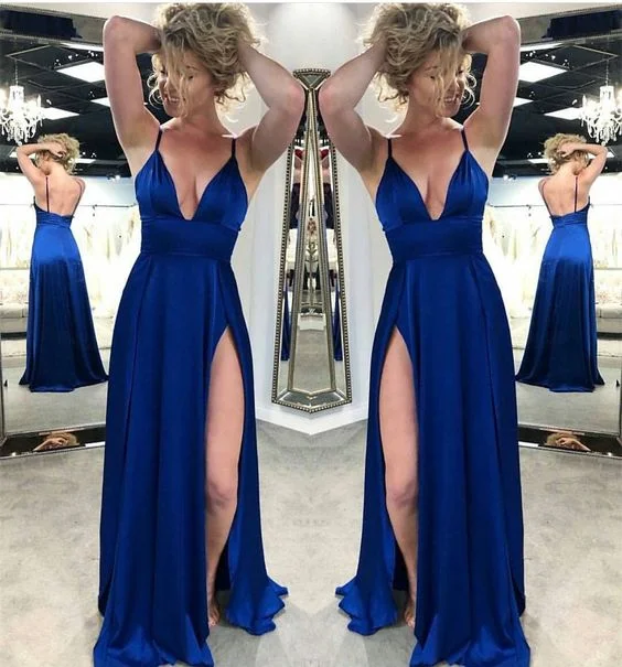 Plus-Size Women's Clothing Early Access to Art Deco Styles Sale Royal Blue Satin Side Slit Long Prom Dress Spaghetti Strap V-Neck Prom Dresses Plus Size Formal Evening Party Gowns 2019 cg4779