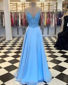 Casual Chic Clothing For Women Feminine Soft - Hued Styles Spaghetti Straps Cyan Lace Bodice Satin Prom Dress with Slit   cg7608