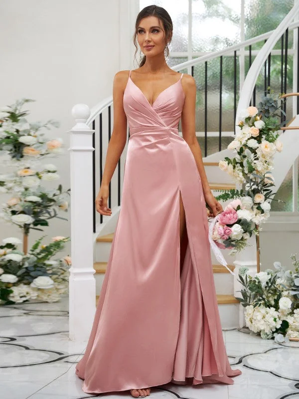 Women's Clothing For Special Occasions Clearance Event A-Line/Princess Silk like Satin Ruched V-neck Sleeveless Floor-Length Bridesmaid Dresses