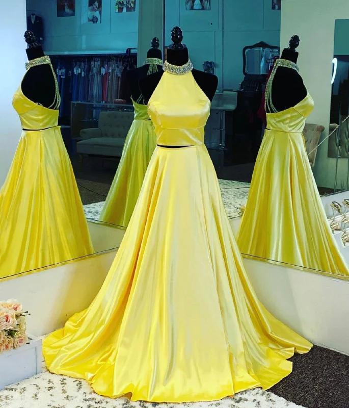 Affordable Luxury Women's Garments Subtle Sophistication YELLOW SATIN LONG PROM DRESS TWO PIECES EVENING DRESS   cg15888