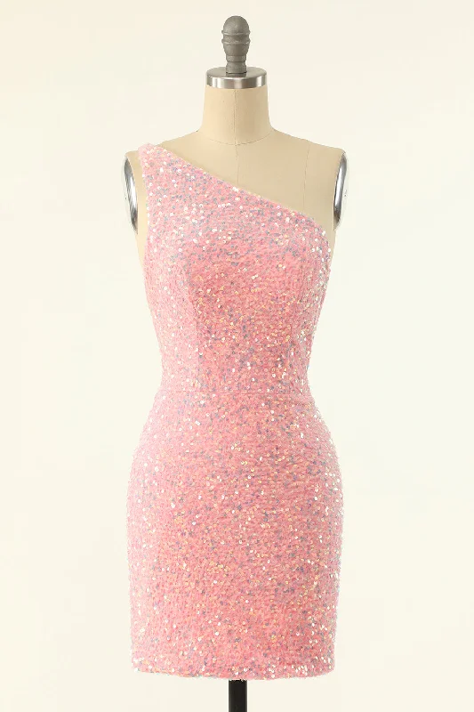 Women's High-Fashion Garments Cottagecore Rustic Charm Style One Shoulder Pink Sequin Bodycon Mini Dress