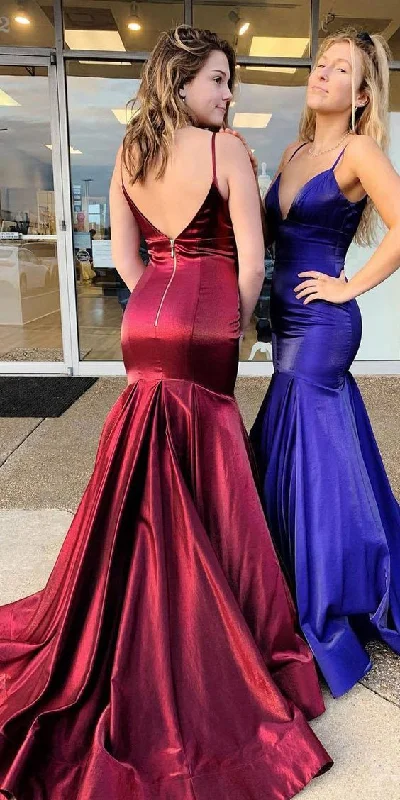 Women's Formal Event Clothing Sophisticated Cut Sexy Spaghetti Straps V-Neck Satin Mermaid Prom Dress cg4484