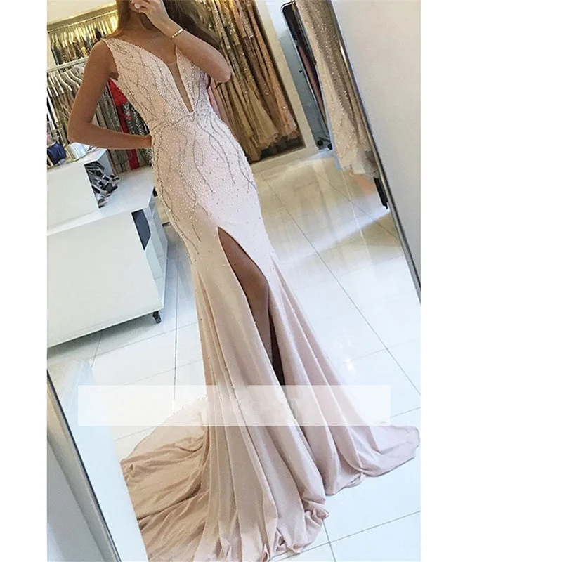 Women's Elegant Evening Outfit Big Savings on Minimalist Office Styles LP3654 Plunge V Neck Sexy Long Evening Gown Beaded Formal Prom Dress 2018 with Slit