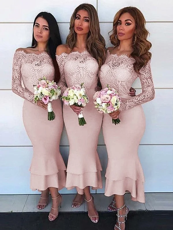 Women's Seasonal Clothes Playful Elegance Sheath/Column Off-the-Shoulder Long Sleeves Ankle-Length Lace Stretch Crepe Bridesmaid Dresses