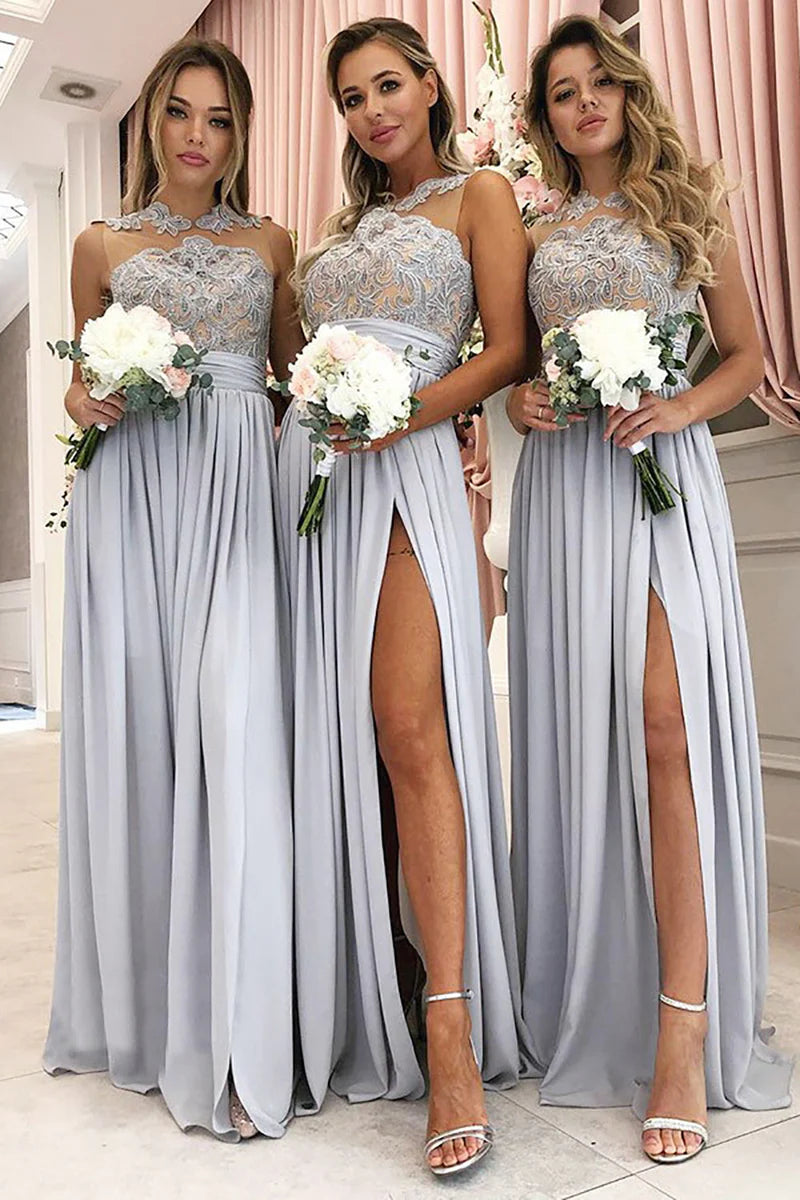 Women's Casual Wear Clothes Tropical Island - Inspired Attire Bridesmaid Dress Grey A-Line Illusion Round Neck Long Chiffon with Lace