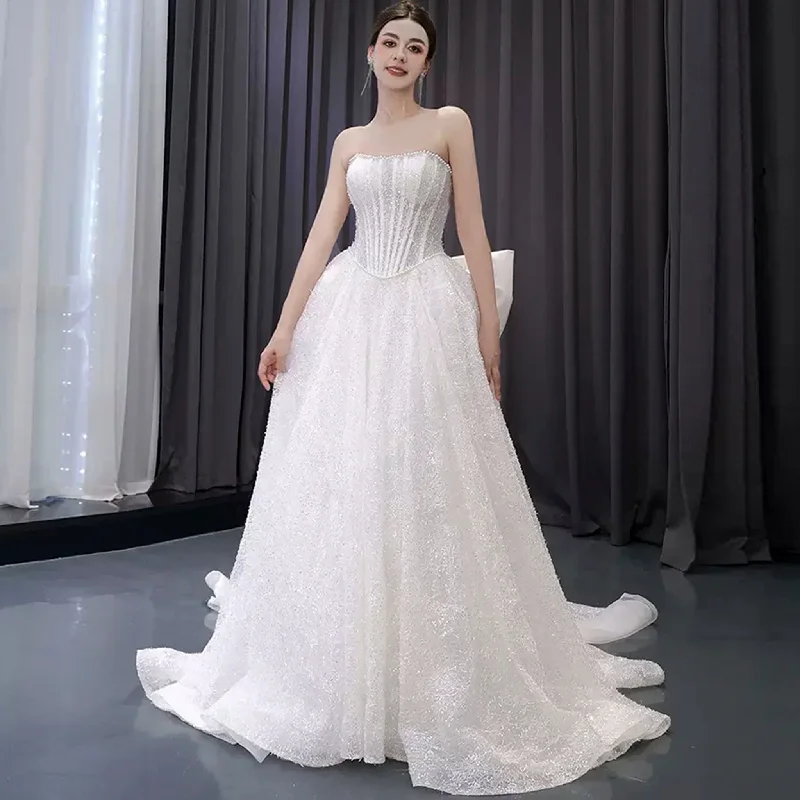 Modern Women's Apparel Feminine Soft - Hued Styles Luxury A-line Sparkly Wedding Dress with Detachable Bowknot