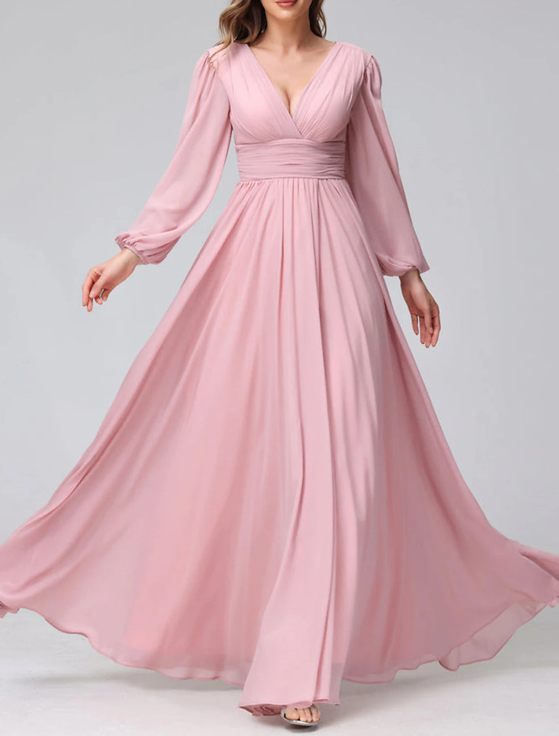 Women's Travel Garments Now on Sale for Chic Urban Styles A-Line Bridesmaid Dress V Neck Long Sleeve Pink Floor Length Chiffon with Split Front / Ruching