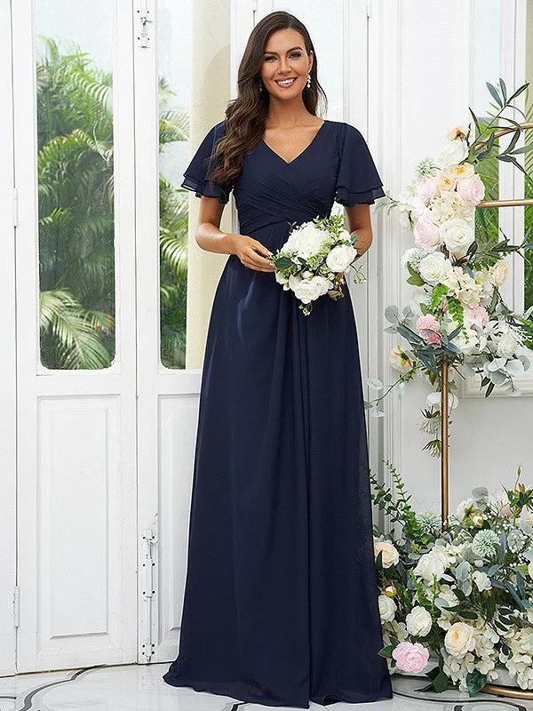 High-Fashion Women's Clothing Charming Silhouette A-Line/Princess Chiffon Ruffles V-neck Short Sleeves Floor-Length Bridesmaid Dresses