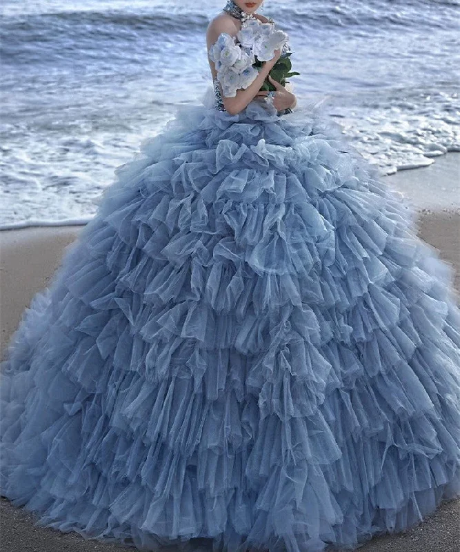 Women's Comfortable Garments Big Savings on Rustic Countryside Styles Pretty Ball Gown High Neckline Tulle Layers Long Blue Ruffles Prom Dresses Sweet 16 Dresses C3592