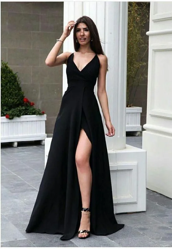 Charming Women's Outfit For Special Occasions Playful Elegance A-Line V-Neck Satin Long Prom Dress with Split cg2773