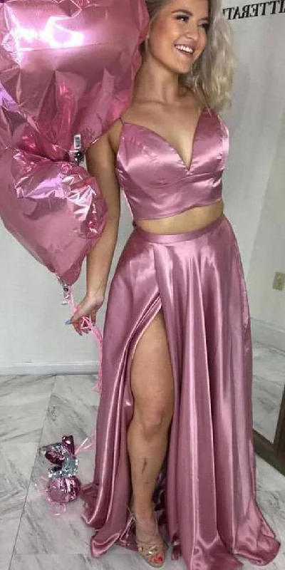 Stylish Outerwear Clothing For Women Feminine Grace Dusty Pink Satin Spaghetti Straps V-Neck Two Piece Long Prom Dress with Slit cg4477